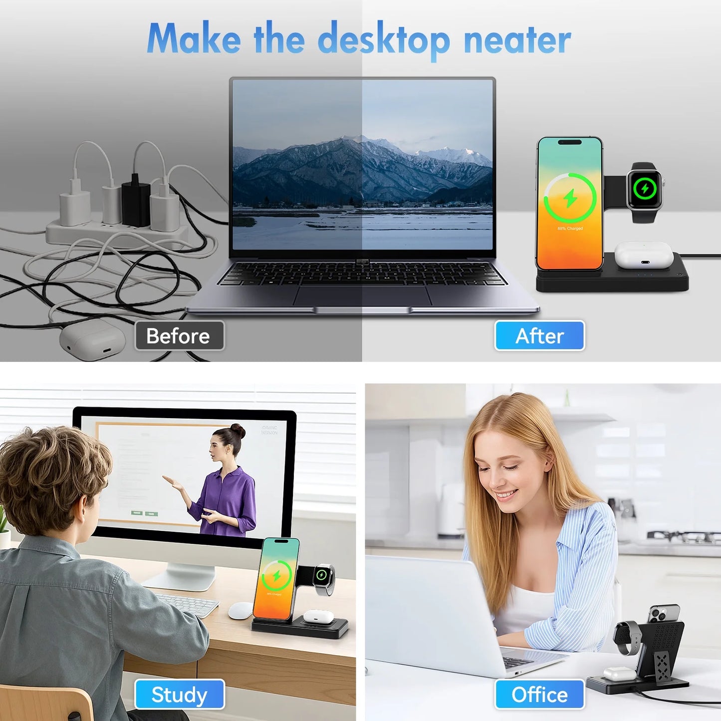 Charging Station,Wirelss Charger,Magnetic Charging Station Compatible with Iphone 17 16 15 14 13 12 11 Pro Max XS Xr,For Iwatch Series 9 8 7 6 5 4 3 2 Se,For Airpods 3 2 Pro